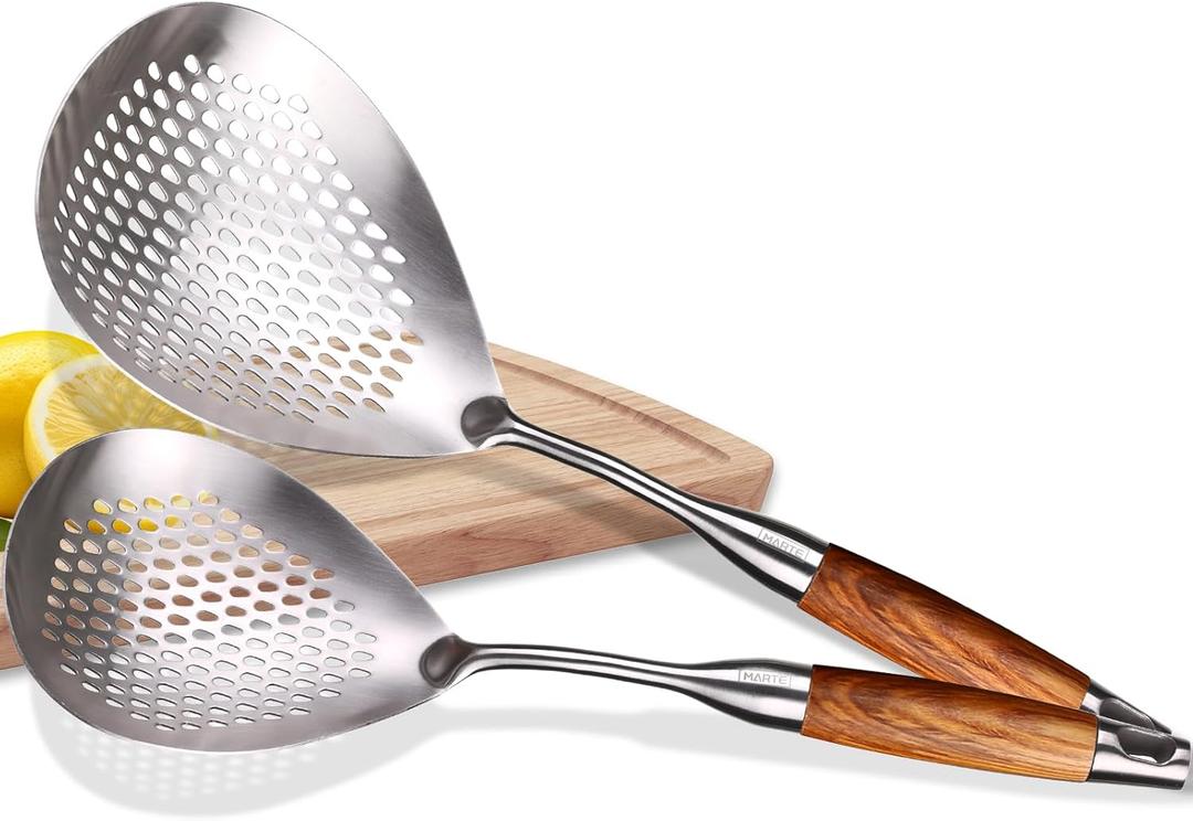 MARTE Skimmer Slotted Spoon,304 Stainless Steel Pasta Spider Strainer Ladle for Frying and Cooking,Kitchen Colanders & Food Strainers Set of 2Slotted Spoon with Heat-Resistant Solid Wood Handle
