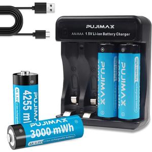 PUJIMAX 4pack of AA Batteries Combo Set,Rechargeable Lithium AA Batteries 1500 Cycles 1.5V 4255mWh*2 with 2 3000mWh with 4Bay Charger 1.5H Fast Charge PUJIMAX 4pack of AA Batteries Combo Set,Rechargeable Lithium AA Batteries 1500 Cycles 1.5V 4255mWh*2 with 2 3000mWh with 4Bay Charger 1.5H Fast Charge