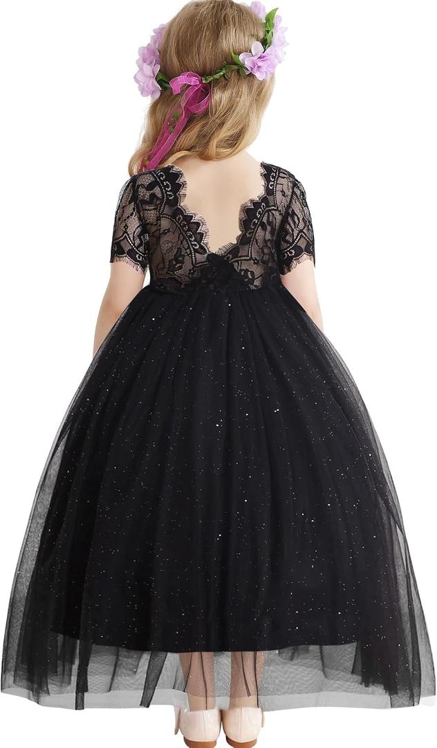 Flower Girl Lace Back V-Neck Dress Full-Length Floral Embroidered Toddler Tutu Tulle Dresses for Girls, 2-3Y