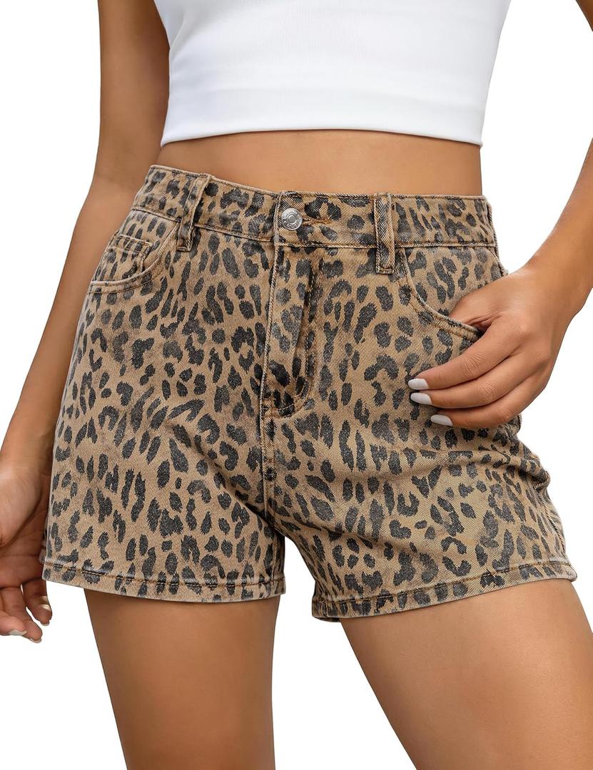 luvamia Jean Shorts for Women Trendy High Waisted Cheetah Leopard Animal Print Stretchy Denim Shorts Summer Casual Jorts (Large)