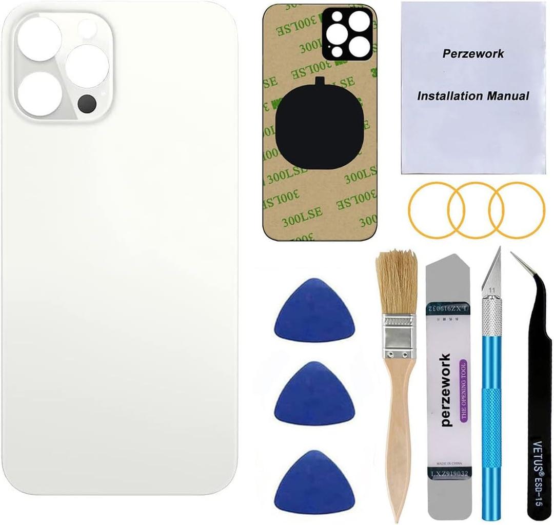 OEM Back Glass Replacement (Silver) Compatible with iPhone 12 pro max 6.7 inches All Carriers with Pre-Installed Adhesive and Repairing Tool Kits