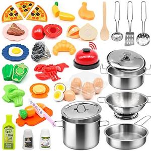 Kids Pretend Play Kitchen Accessories Set, 38Pcs Stainless Steel Play Pots Pans Sets for Kids, Toy Cookware Cooking Utensils Play Food Dish Toddler Kitchen Playset Gifts for Boys Girls