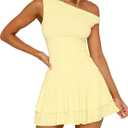 ForeFair Women's Sexy Off Shoulder Bodycon Mini Dresses Sleeveless Ruffle Hem Party Club Short Dress (Yellow, S)