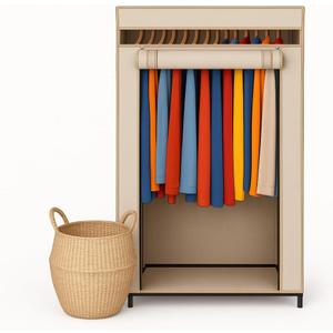 HOLDN STORAGE Portable Wardrobe Closet - 50 lb Capacity, Internal Heavy Duty Metal Rod, Zipper & Clear Window, Durable Clothes Organizer, Tool-Free Easy Assembly, Beige Canvas Cover, Medium