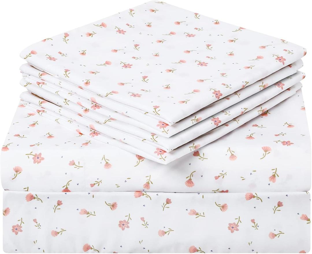 HOMEIDEAS 6 Piece Printed Full Size Bed Sheets, Extra Soft Brushed Microfiber 1800 Bedding Pattern Sheets, Deep Pocket, Wrinkle & Fade Free, Pink Floral