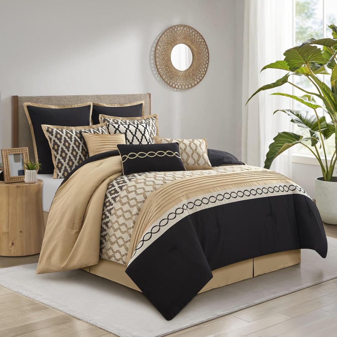 Stratford Park Geometirc King Black Gold Comforter Set, 10 Piece, Jacquard Bedding Comforters & Sets, Bedskirt, Pillows & Shams,