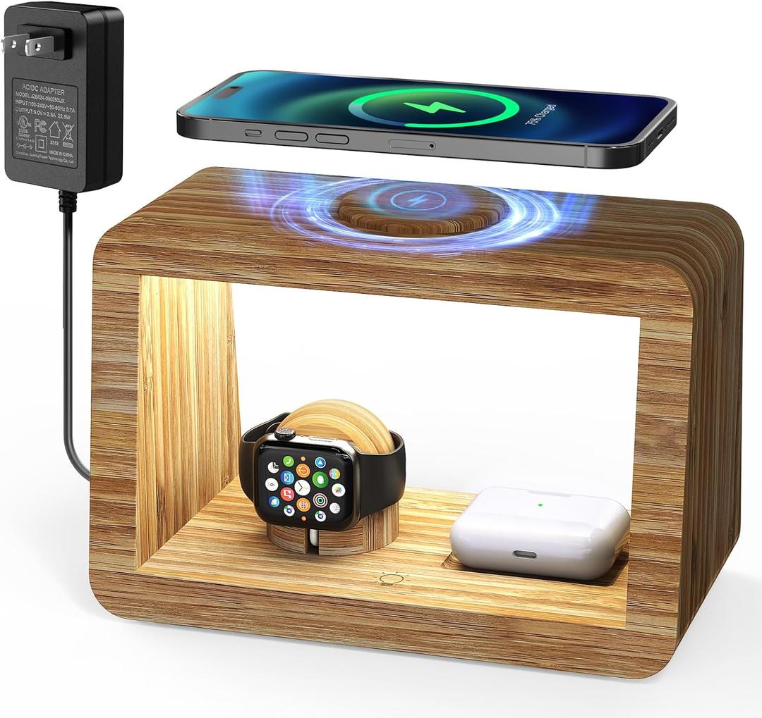 Bamboo Wireless Charging Station 4-in-1 Wireless Charger with Nightlght, Compatible with iPhone 17/ 16/ 15/ 14/ 13/ 12 Pro Max/ X/ Xs Max/ 8, AirPods 4/ 3/ & AirPods Pro3/ 2/ 1, Apple Watch Series