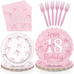 96Pcs Pink Bow Party Supplies Coquette 18th Birthday Party Plates and Napkins Disposable Bow Themed Tableware Set for Girl Happy 18th Birthday Graduation 2026 Decorations, Serves 24