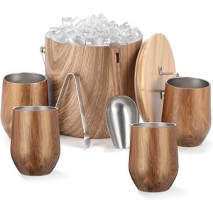Meekoo Stainless Steel Ice Bucket for Parties,3L Double-wall Vacuum Insulated Ice Bucket with Lid, Scoop, Tong, and 4 Wood Texture Cups for Champagne, Cocktail, Home Barware, Bar, Outdoor Supplies