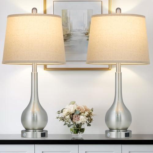 Rinweey 26" Silver Table Lamps Set of 2 for Living Room, Touch Control Bedside Lamp with USB Charging Ports, 3-Way Dimmable Brushed Nickel Bedroom Lamps for Nightstand (2 LED Bulbs Included)