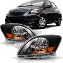 Headlight Assembly Replacement for 2007-2011 Toyota Yaris 4-DoorSedan Halogen Headlamp Pair, Black Housing
