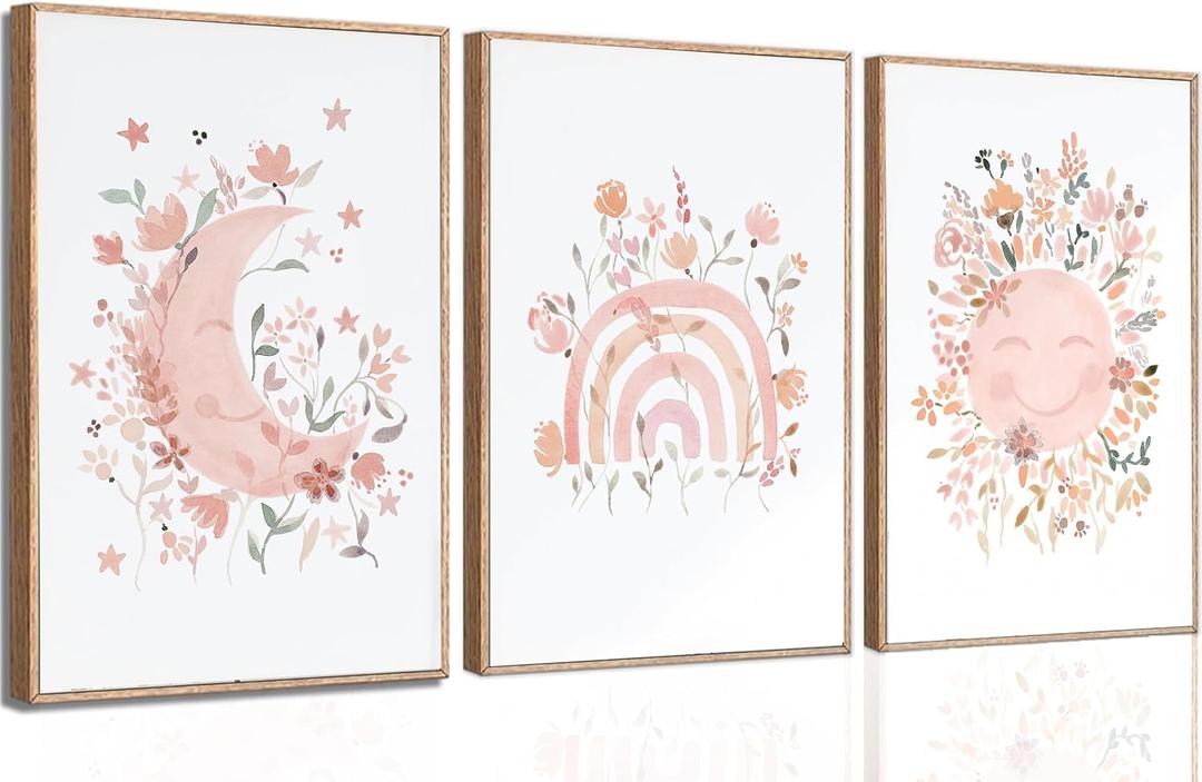 3Pcs Pink Wildflower Wall Art Sun Moon Canvas Posters Prints Bohemia paintings Rainbow Pictures Wall Decor Artwork for Girls Bedroom Children Room Decoration Unframed (12x16)