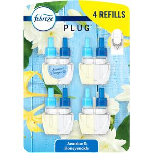 Febreze Plug In Air Freshener, Odor-Fighting Scented Oil Refill, Air Fresheners for Home and Bathroom and Kitchen, Long Lasting for Strong Odors, Jasmine & Honeysuckle Scent, 0.87oz Refills, 4 Count