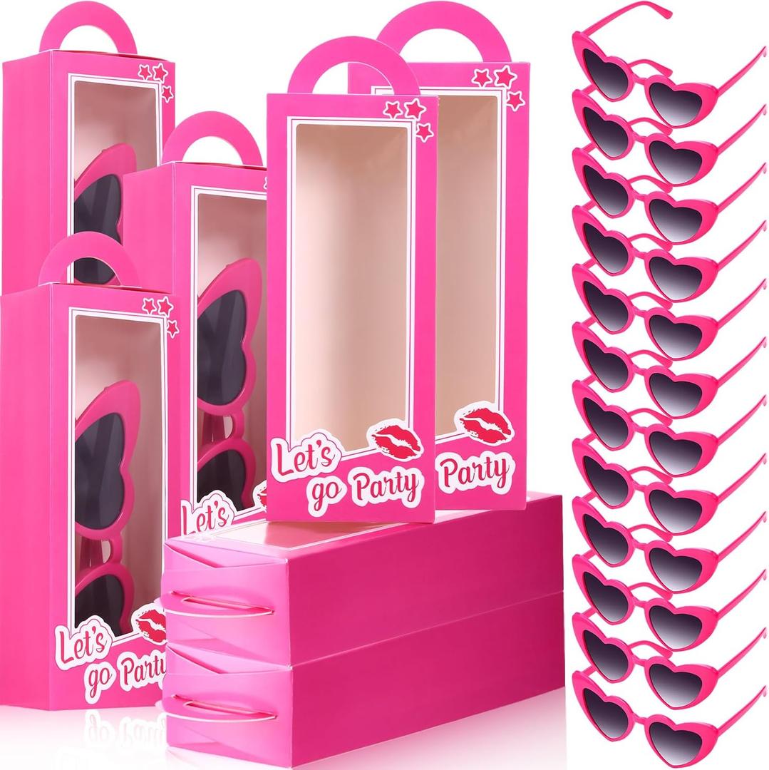 12 Set Pink Doll Gift Boxes Include 12 Party Favor Goodie Box 12 Sunglasses Bachelorette Candy container for Birthday Party Supplies (Heart)