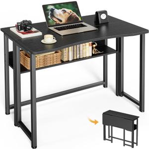 Huuger Folding Desk with Storage Shelf, 31.5 Inch Foldable Computer Table for Small Spaces, Space Saving Sofa Table for Couch, Writing Work Office Computer Desk, Easy to Fold, Black