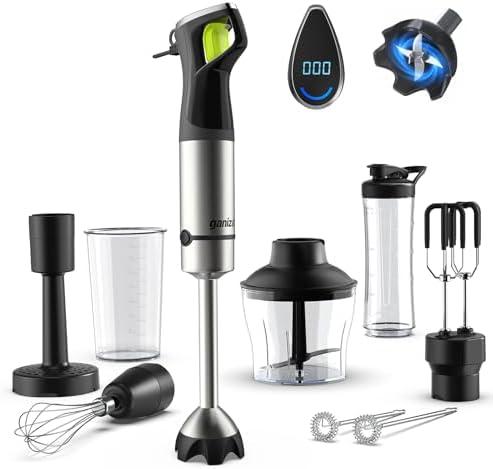 Ganiza Immersion Blender, Max 1200W Heavy Duty Hand Blender with Time Display & Variable Speed Trigger, 9-in-1 Electric Handheld Mixer with Chopper Whisk Frother Beaker Ideal for Soup Puree Smoothies, Missing Pieces