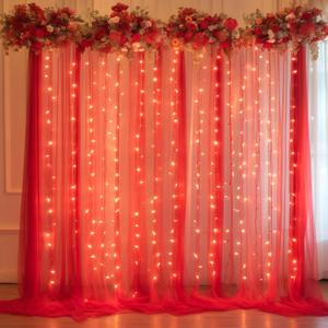 10x10ft Red Tulle Backdrop Curtain with Lights String for Parites, Sheer Backdrop Curtains for Wedding Baby Shower Birthday Party Photo Shoot Decorations (10ft x 10ft(2 Panels 5*10ft)