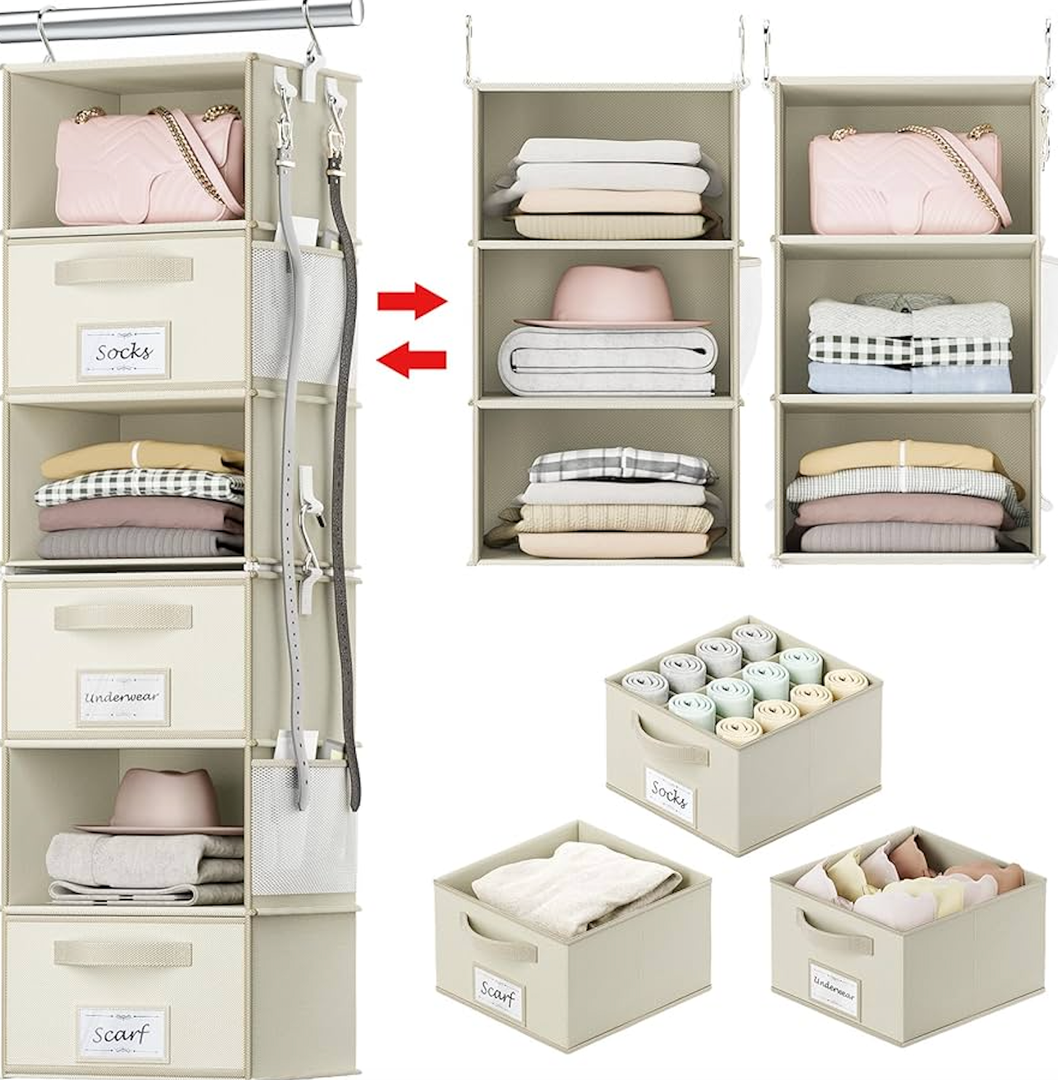 Uamector Hanging Closet Organizer 6 Shelves, Separable Closet Organization and Storage with Drawers & Side Pockets & Hook, Bedroom Wardrobe Clothes Organizer for Closet (Beige) 
