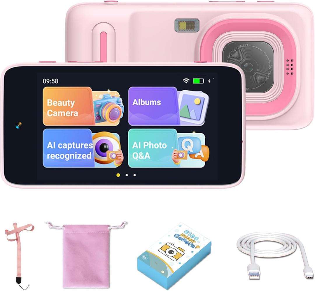 AI Kids Camera for 311 Year Old Boys and Girls, AI Learning Digital Video Camera with with Object Recognition, Best Birthday, WiFi Kids Toy Camera 16GB (Pink)