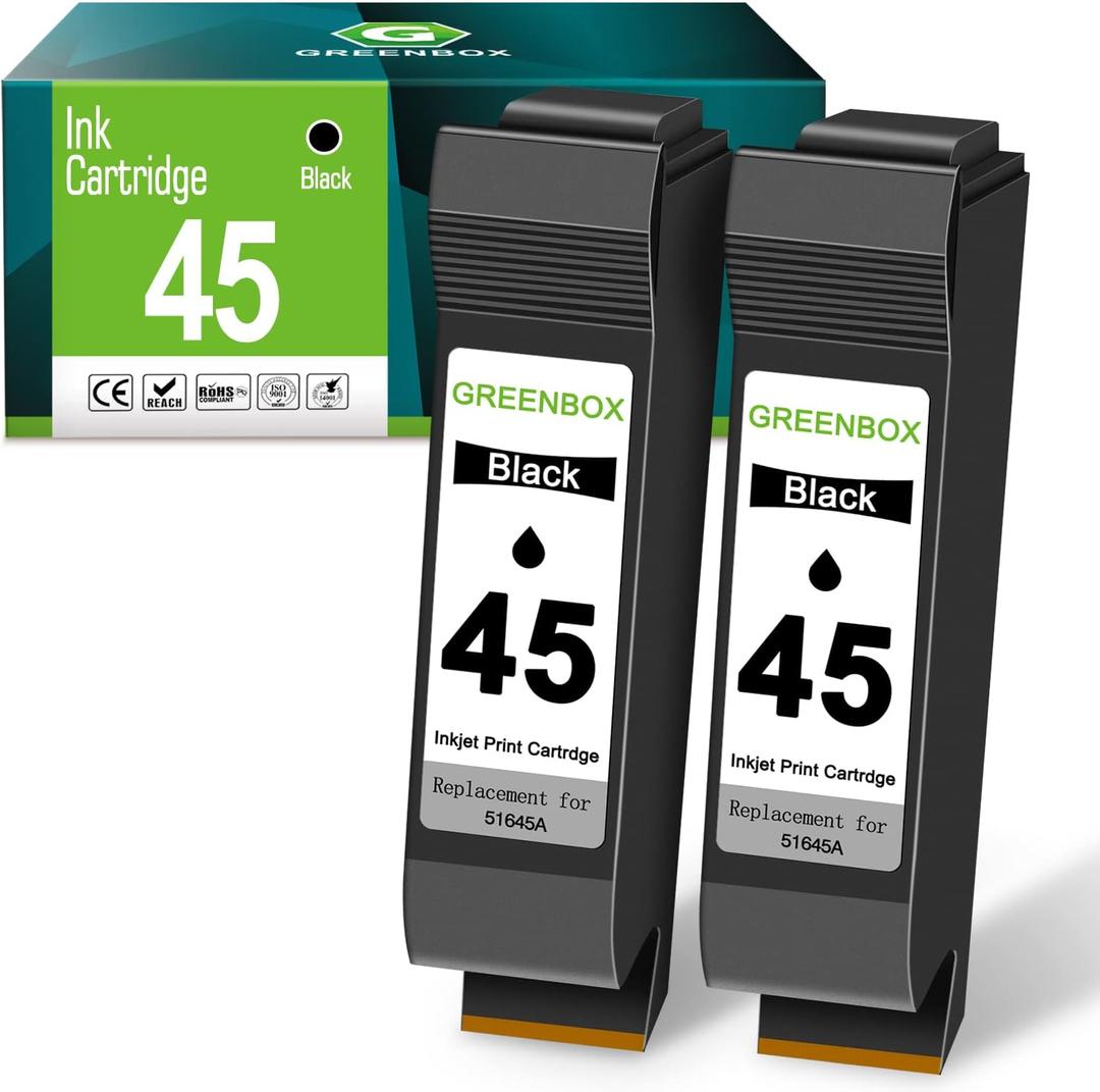 GREENBOX Remanufactured 45 High-Yield Ink Cartridge Replacement for HP 45 51645 51645A for Color Copier 180 Deskjet 820Cse 830 850 870 890 930 950 PhotoSmart 1000 1115 1215 P1000xi Printer (2 Black)