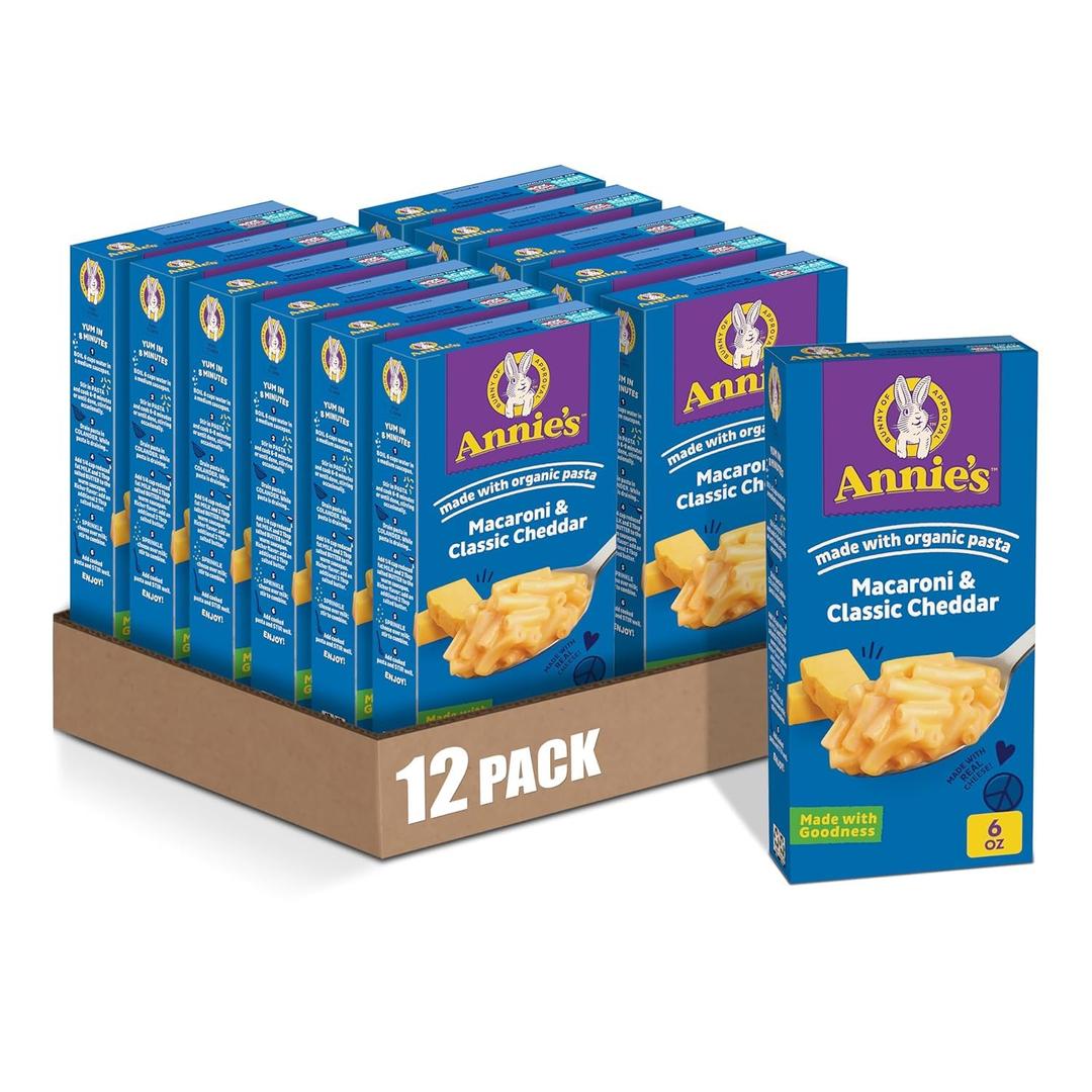 Annie's Macaroni and Classic Cheddar with Organic Pasta, Made with Real Cheese, Dinner Side or Snack, 6 oz (Pack of 12) (EXP 07/25/27)