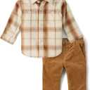 The Children's Place baby-boys And Newborn Button Down Shirt and Pants, 2 Piece Outfit (Iced Coffee Flannel)