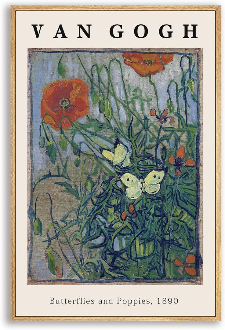 Vincent Van Gogh Framed Wall Art Print Butterflies And Poppies Flowers by Van Gogh Canvas Prints Painting Reproduction for Living Room Bedroom Kitchen Office Home Decor 12"x16" Natural Framed