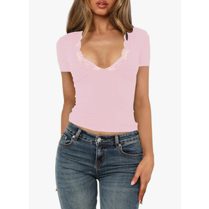 Women's Short Sleeve Sexy Lace V-Neck Summer Going Out 2025 Crop Tops Slim Fit Tees Trendy Y2k Clothing, M