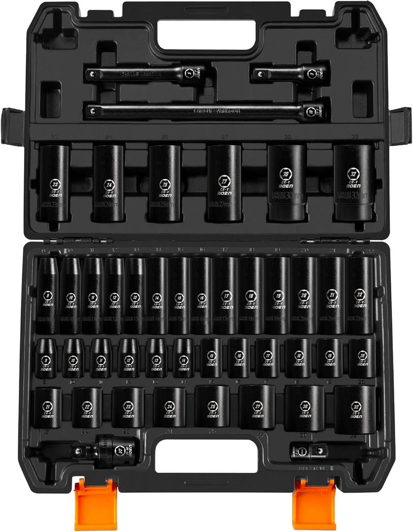 BOEN 1/2" Drive Impact Socket Set, 45 Piece Deep & Shallow Metric Socket Set 9mm to 32mm, Includes 3" 5"10" Extension Bars, Universal Joint, Adapter, 6 Point Design, Cr-V Steel, Meets ANSI Standards (45pcs Metric Deep + Shallow)