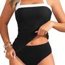 Womens Two Piece Tankini Swimsuit Tummy Control Bathing Suits Slim Halter Swimwear with High Waisted Bottom (Large, Black and White)