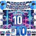 Vlipoeasn Video Game 10th Birthday Decorations for Boys, Purple and Blue Level 10 Banner Backdrop Honeycomb Centerpieces Hanging Swirls for 10th Birthday Party, Gamer 10 Years Old Party Supplies