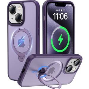 2024 New Upgrade 360 Spin Titanium Magnetic Stand for iPhone 13 Case [16FT Military Grade Shockproof] [Fit for MagSafe] Matte Translucent Slim Kickstand iPhone 13 Phone Cover 6.1'', Purple