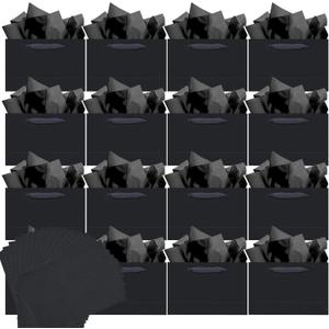 Qiqee Deep Black Gift Wide Bags with Tissue Paper for Wedding, Birthday, Party Supplies-7.9"x4.3"x9.6" Small Size Cardboard Gift Bags 48pcs Bags +Tissue Paper 
