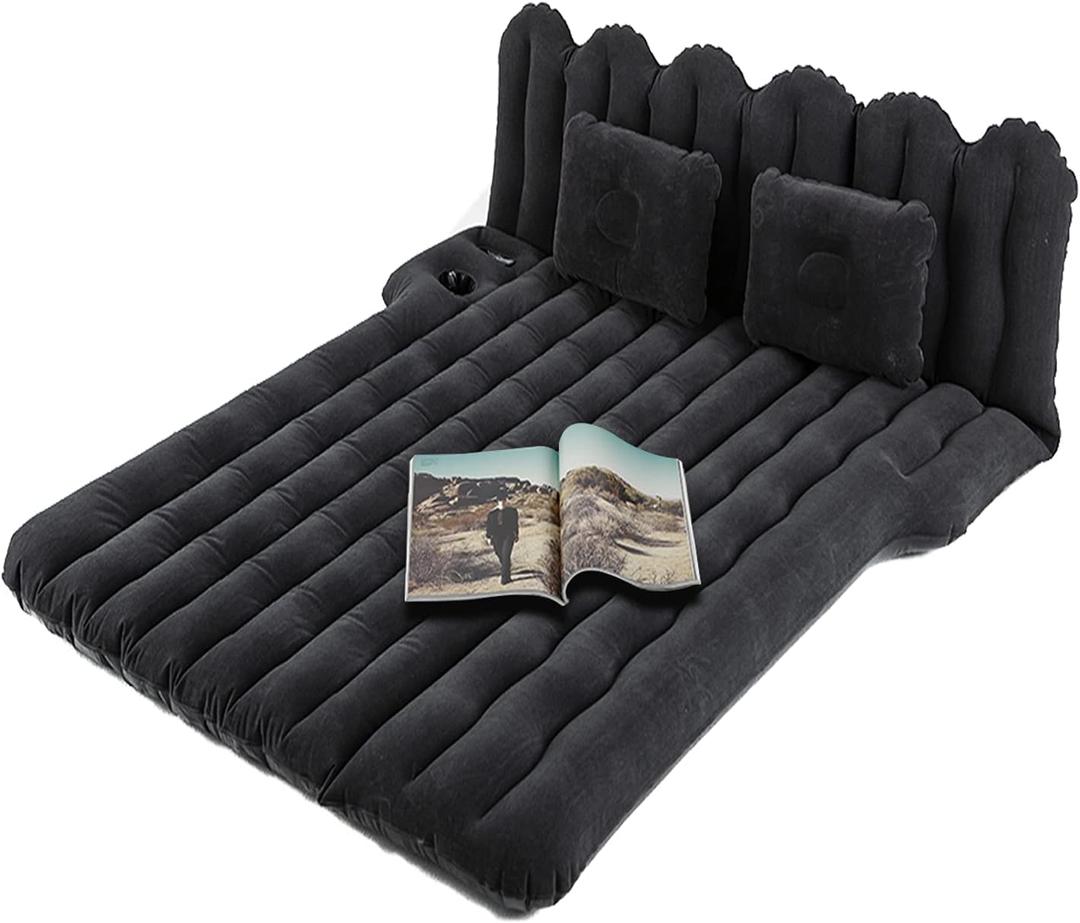 SUV Air Mattress with Cup & Phone Holder, Flocked-Top Car Mattress with 2 Air Pillows & Electric Air Pump, Perfect for Camping, Travel, and Road Trips (Black)