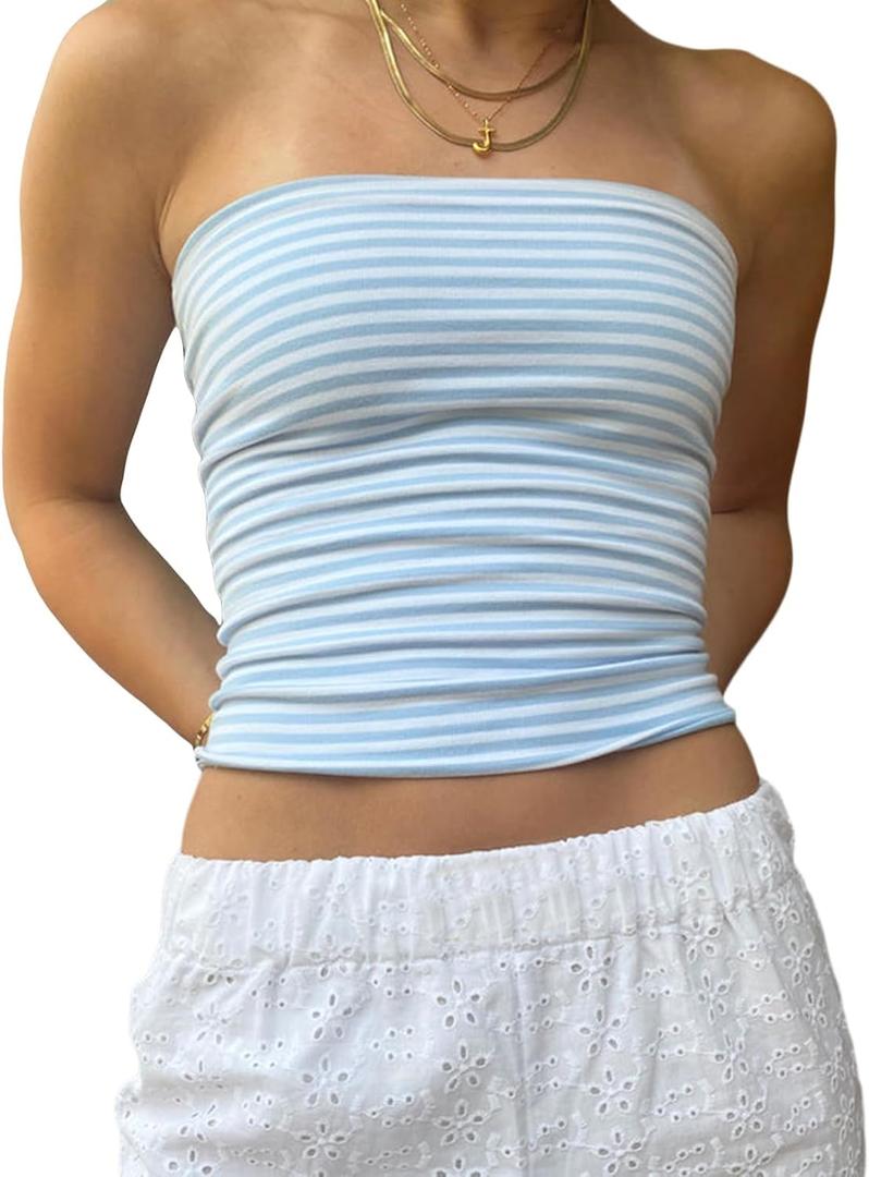 Women Y2k Tube Top Strapless Going Out Tops Cute Aesthetic Summer Clothes (Small, C1 Striped Blue)