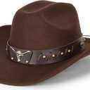 Women-Classic-Western-Cowboy-Shapeable-Hat - Men-Roll-Up-Wide-Brim-Felt-Fedora-Hats-Cowgirl-Hat with Belt Buckle(M-L) (Brown)