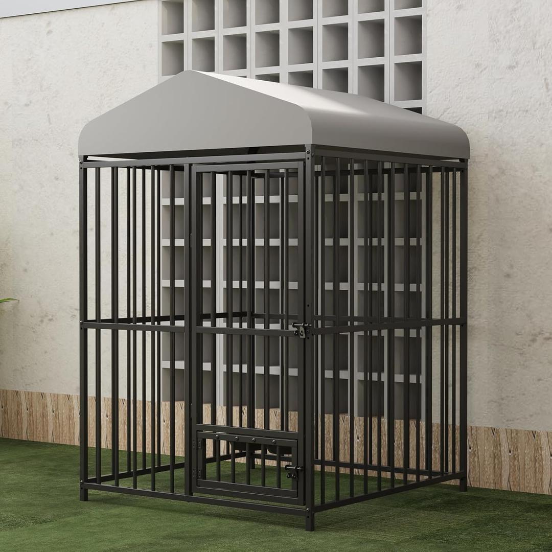 4X4x6FT Large Outdoor Dog Kennel, Metal Dog Cage with Waterproof Roof for Backyard, Rotating Feeding Bowl and Lock for All Dog Breeds,