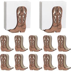 CroBlissful 12 Pcs Western Cowboy Boot Napkin Holder for Table Kitchen Farmhouse Napkin Dispenser Rustic Paper Holder Standing Brown for Western Party Decoration (Wood)