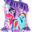 My Litle Pony One Piece Swimsuit Pony Print Off-Shoulder Ruffle Summer Swimwear Beach Pool Kids, Pink, 4-5Y