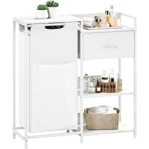 Somdot Laundry Hamper with Fabric Drawer and Shelves, Laundry Basket Sorter with 15.8 Gallons (60L) Pull-Out and Removable Bag, White Leather