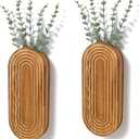 2 Pack Carved Wood Wall Planters with Fake Eucalyptus Stems for Wall Decor - Boho Wooden Wall Art for Living Room, Bedroom, Bathroom (Brown)