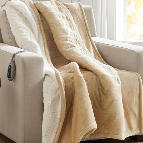 Beautyrest Heated Blanket, Eletric Throw Blanket, Soft, Warm, Reversible Plush - Sherpa Heating Blanket Throw for Office, Couch, 3 Heat Settings, 2 hr Auto Shut Off, Machine Washable, 50 x 60 Beige