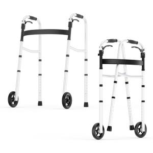 Standard Walkers for Seniors - 8 Levels Adjustable Height Folding Walker with Wheels, Lightweight Front Wheel Walkers for Elders & Adults & Handicapped, Weighing Up to 350 Pounds Rolling Walker (Silver)