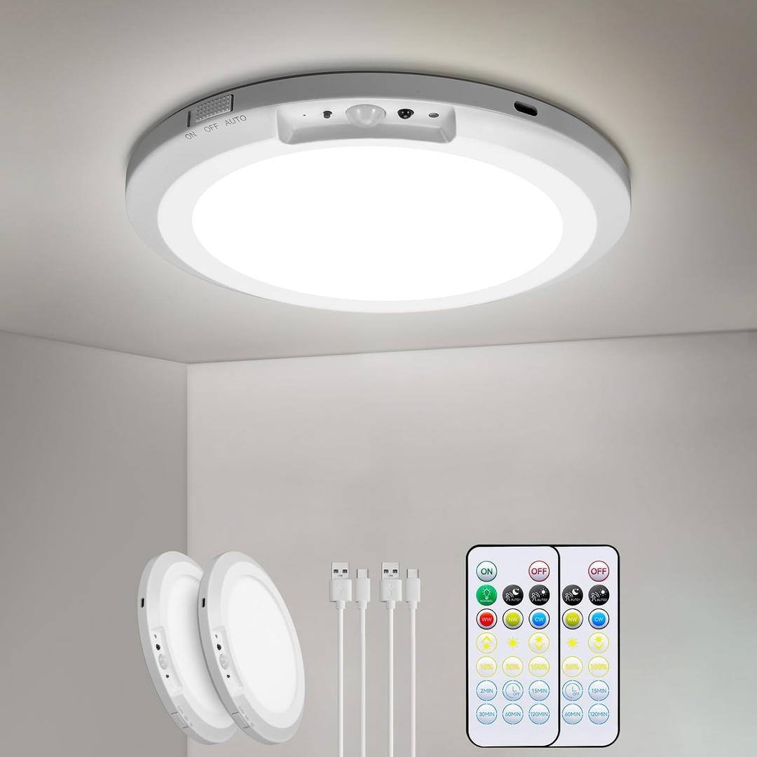 Rechargeable Motion Sensor Ceiling Light Indoor Outdoor w/Remote, 7.08 Inch Battery Operated Flush Mount Ceiling Light 3000K 4000K 6000K 400LM Dimmable for Closet Hallway Laundry Stairs (2), 7.08"L x 7.08"W x 0.63"H