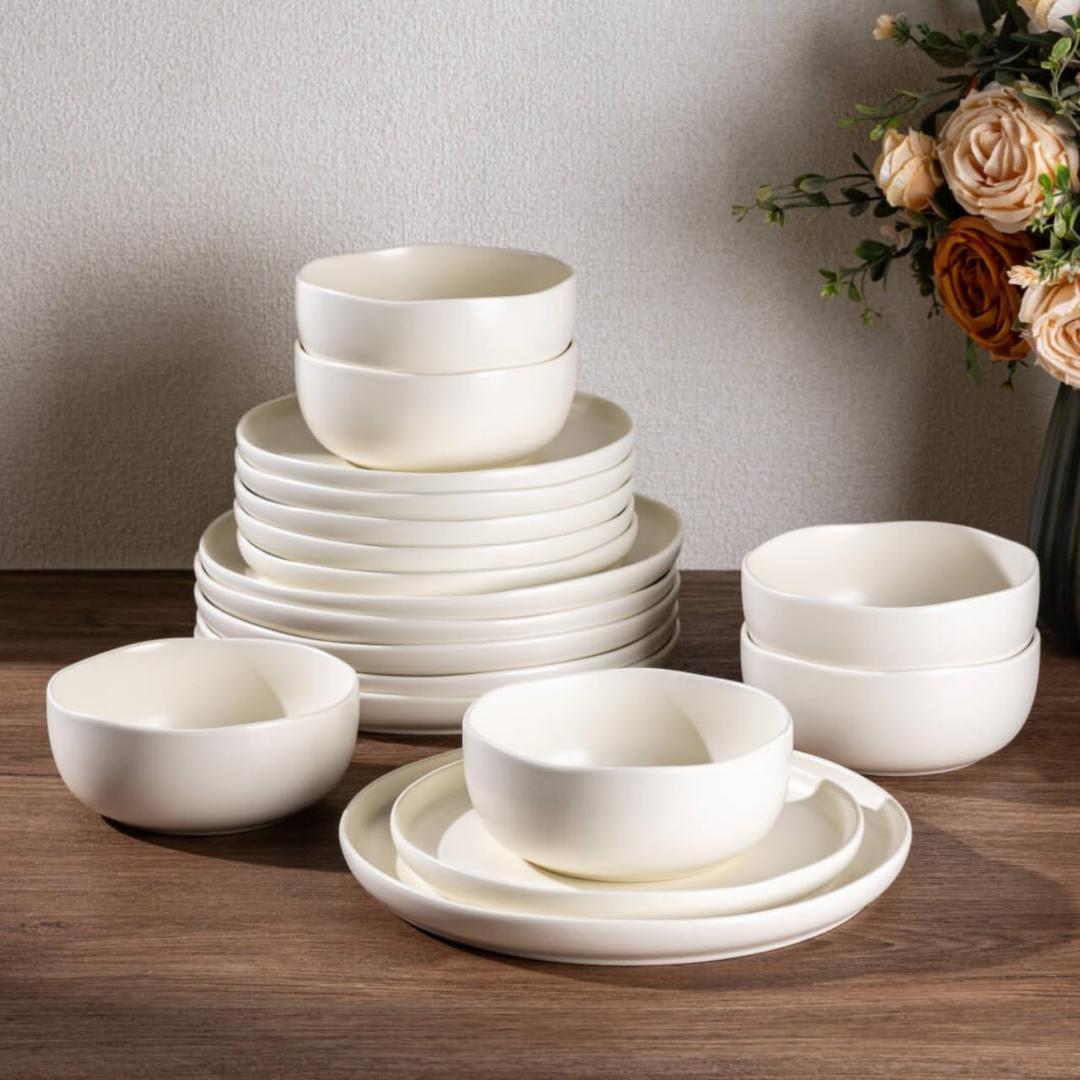 AmorArc Ceramic Dinnerware Sets, Wavy Rim Stoneware Plates and Bowls Sets,Dishwasher & Microwave & Oven Safe Dishes set, Service for 6 (18pc) (Beige)