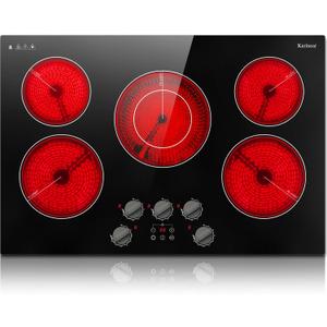 Karinear Electric Cooktop 30 Inch, 5 Burner Radiant Cooktop with Knob & Touch Control, 8500W 240V Built-in Stove Top, 9 Power Levels, Timer, Child Lock, Pause, Residual Heat Indicator (Black Knob)
