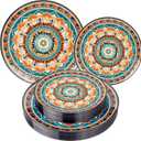 60PCS Bohemian Plastic Plates - Boho Plate Disposable - Vintage Bohemian Style Plate Include 30 Dinner and 30 Dessert Plates for Kitchen Party Decorative
