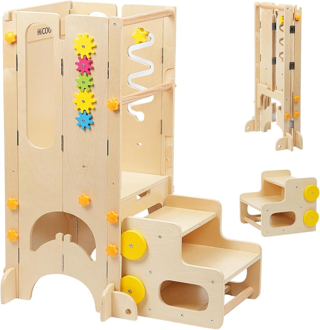 Foldable Toddler Stool for Kitchen - 4-in-1 Kitchen Step Stool for Kids, 2 Height Adjustable Step Stool with Slide, Chalkboard & Montessori Activity Games