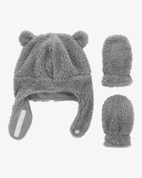 Tadpoles Super Soft Plush Sherpa Hat & Mittens Set, Grey