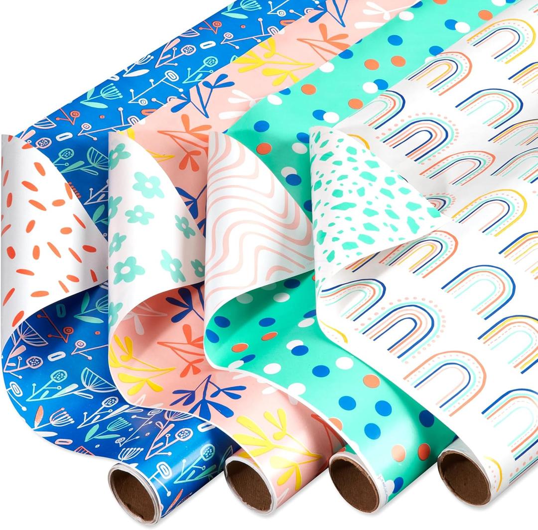 American Greetings 160 sq. ft. Reversible Wrapping Paper Bundle for Birthdays, Anniversaries, Weddings and All Occasions, Sprinkles and Daisies (4 Rolls, 30 in. x 16 ft.) (Multicolor Pastels)